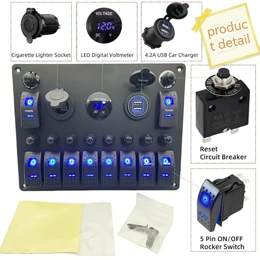 10 Gang Rocker Switch Panel with Breaker for Marine Boat RV Truck (Blue): Voltmeter, Reset Circuit Breaker, 4.2A Car Cigarette Lighter Socket, Dual 12V 24V USB Charger & Control Toggle Switch