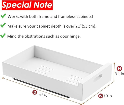 1 Pack | 21" Deep Pull Out Cabinet Organizer Adhesive, 10-Inch Wide Sturdy Carbon Steel Roll-Out Drawers for Face Frame or Frameless Cabinets,Slide-Out Shelves for Pantry.