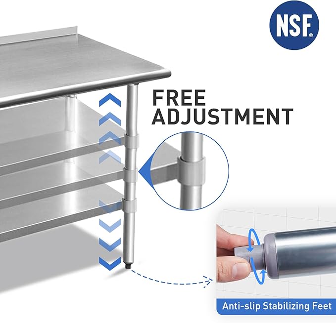 ROCKPOINT Stainless Steel Table for Prep & Work with Backsplash 30x48 Inches, NSF Metal Commercial Kitchen Heavy Duty Table with Adjustable Under Shelf and Table Foot for Restaurant, Home and Hotel