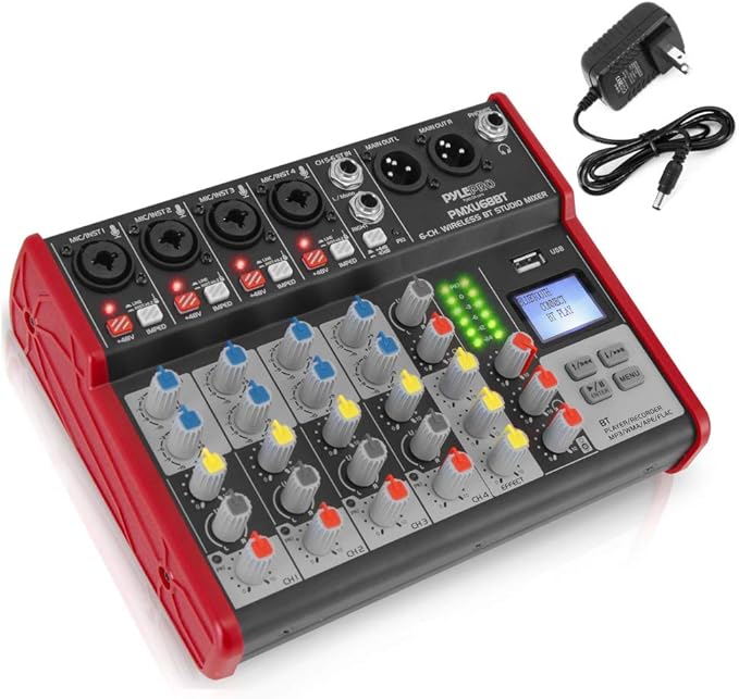 PYLE Studio Audio Sound Mixer Board - 6 Channel Bluetooth Compatible Professional Portable Digital DJ Mixing Console w/ USB Mixer Audio Interface - Mixing Boards For Studio Recording - PMXU68BT