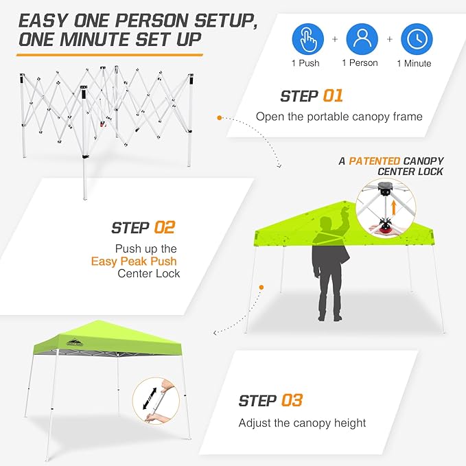 EAGLE PEAK 10x10 Slant Leg Pop-up Canopy Tent Easy One Person Setup Instant Outdoor Beach Canopy Folding Portable Sports Shelter 10x10 Base 8x8 Top (Fluorescent Green)