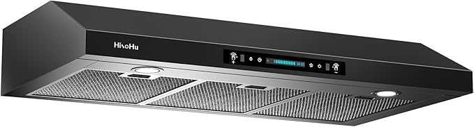 HisoHu 36 Inch Under Ducted Cabinet Range Hood with 1200 CFM, 4 Speed Gesture Sensing Kitchen Exhaust Hood & Touch Control Panel, Stainless Steel Stove Vent Hood with 2 LED Lights（Black）