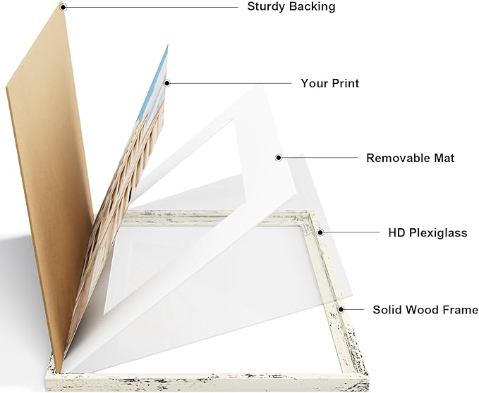 Vittanly 8.5x11 Picture Frame Set of 2, Solid Wood Frame for Wall or Tabletop, Display Photo 6x8 with Mat or 8.5x11 without Mat, Distressed White