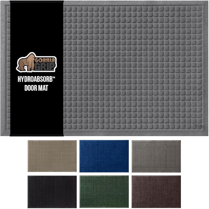 GORILLA GRIP Front Door Mat, 35x23, Indoor Outdoor Ultra Absorbent HydroAbsorb Doormat, Absorbs Up to 5.7 Cups of Water, Stain and Fade Resistant, Rubber Backing Doormats, Captures Dirt, Grey