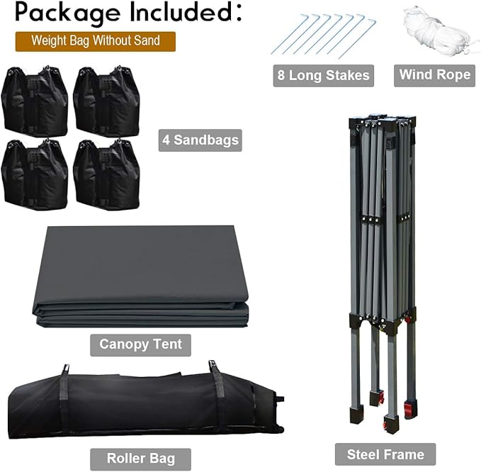 Tangkula 8x8 Ft Pop Up Canopy, Straight Leg Instant Tent Shelter with Wheeled Bag, 4 Sand Bags, 8 Stakes, 4 Ropes, Outdoor Canopy Tent for Camping, Beach, Backyard(Gray)