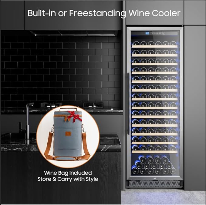 24 Inch Wine Cooler, Wine fridge Freestanding or Built-In with Door Lock, Suitable for Mixed 158 Bottles Sizes, Low Noise Operation (14.4cu.ft)