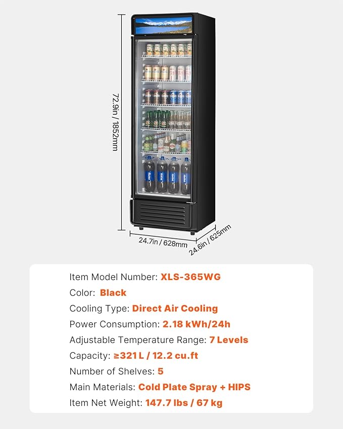 VEVOR Commercial Merchandiser Refrigerator, 12.2 CU.FT Glass Door Display Refrigerator, Beverage Cooler Merchandiser with Adjustable Shelves, Soft LED Light, Customizable Lightbox, Black