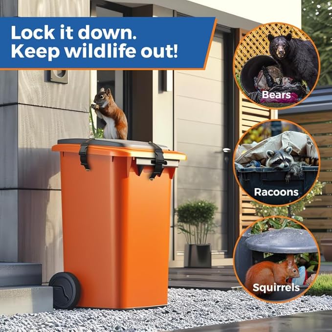 Trash Can Lock for Animals, 2PCS Adjustable Straps Garbage Can Locks for 28-100 Gallon Outdoor Bins, Bear Proof Trash Can Lock with Anti-Rust Metal Buckle, One-Hand Release Lid Locking Design