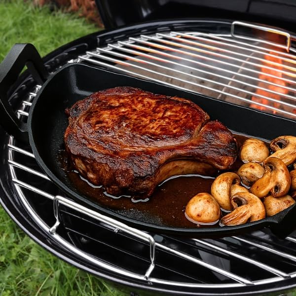 SnS Grills Slow ‘N Sear Cast Iron Drip 'N Griddle Pan 18", 3-in-1 Versatile Grill Accessory for Searing, Griddle and Drippings - Fits Weber & other 18” Kettle Grills