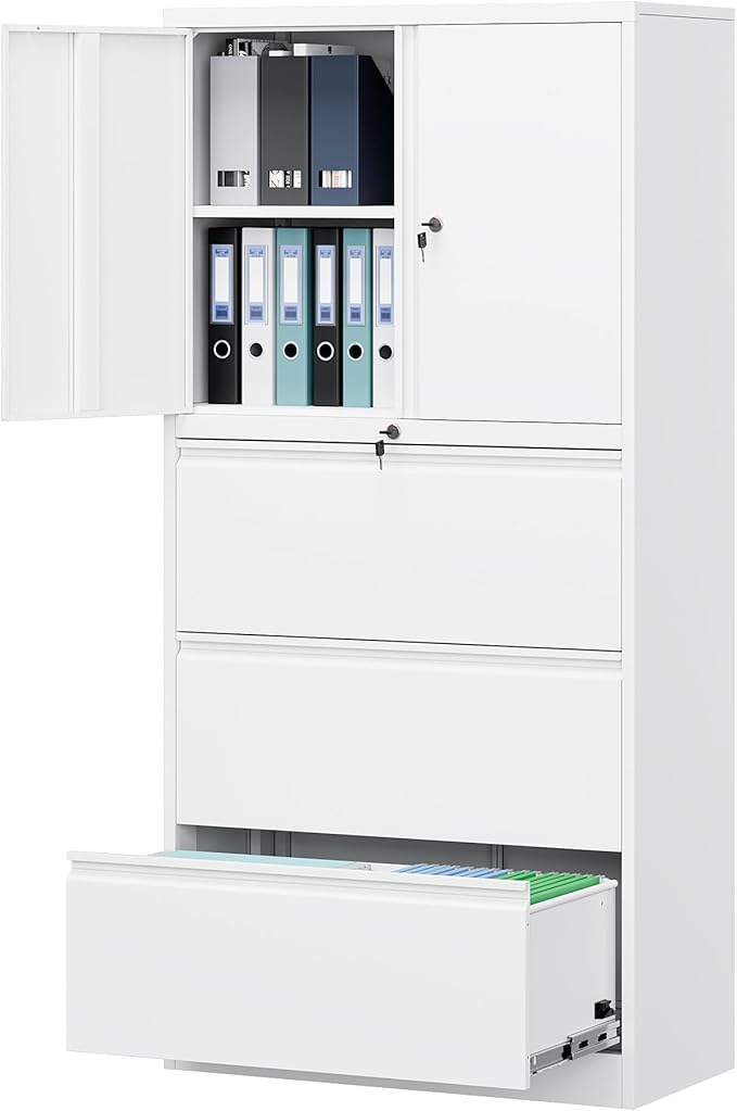 Letaya 3 Drawer Metal Storage Cabinets for Home Office,File Cabinet with Lock and 2 Adjust Shelves-Hang Filing Legal/Letter/A4/F4 Size（White）