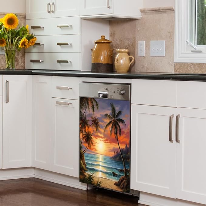 Dishwasher Magnet Cover Beach Sunset Tropical Palm Tree Reusable Dishwasher Magnetic Cover Sticker Decorative Dish Washer Door Cover Panel for Home Kitcen Appliance