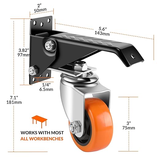 Caster Wheels, 3 Inch Workbench Casters Set of 4 Heavy Duty - 800 Lbs Capacity Retractable Swivel Castors with No Noise Polyurethane Wheels, Easy to Install for Tables Legs, Work Bench & Tool Carts