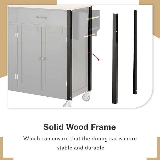 Favfurish Kitchen Island Cart on Locking Wheels with 4 Cabinet and 2 Drawers, Rolling Coffee Bar Trolley w/Solid Wood Tabletop, Adjustable Shelves, Spice & Towel Side Rack, for Dining Room, Black