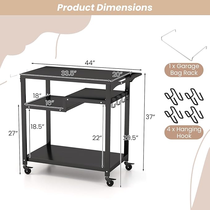 Giantex Outdoor Grill Cart - Pizza Oven Stand Table with Lockable Wheels, Three-Shelf Outdoor Cooking Prep Table with Garbage Bag Holder, Removable Hooks, Movable Dining Cart for Kitchen BBQ Party