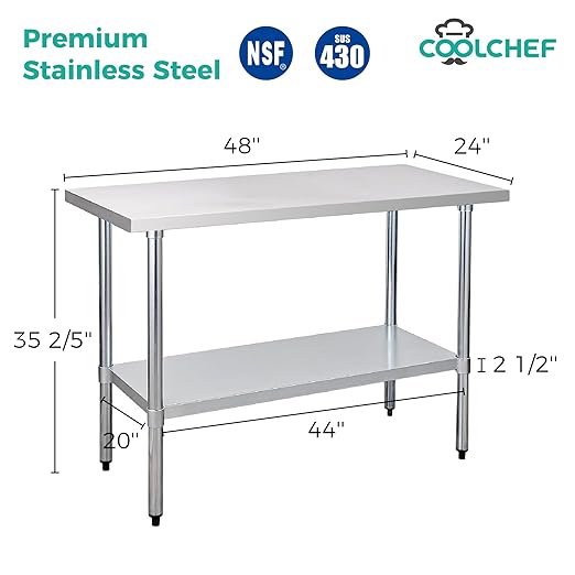 COOLCHEF Stainless Steel Work Table 24 x 48 Inch, NSF Commercial Prep Table with Undershelf, Heavy Duty Food Prep Workstation