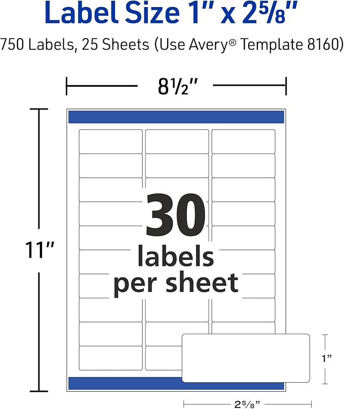 Avery Easy Peel Printable Address Labels with Sure Feed, 1" x 2-5/8" Customizable Stickers, White, 750 Blank Mailing Labels, Great for Mailing, Shipping, and More (8160) (Pack of 5)