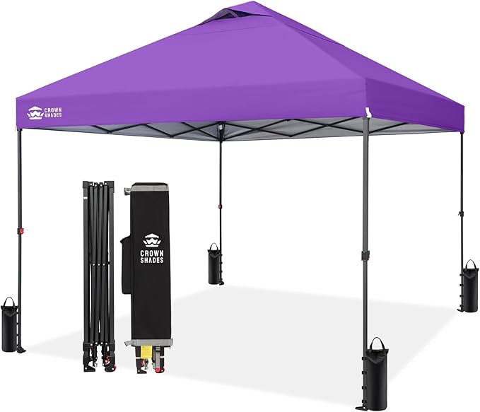 CROWN SHADES 10x10 Pop Up Canopy - Patented Center Lock One Push Instant Outdoor Canopy Beach Tent with STO-N-Go Bag 8 Stakes & 4 Sand Bags，Purple