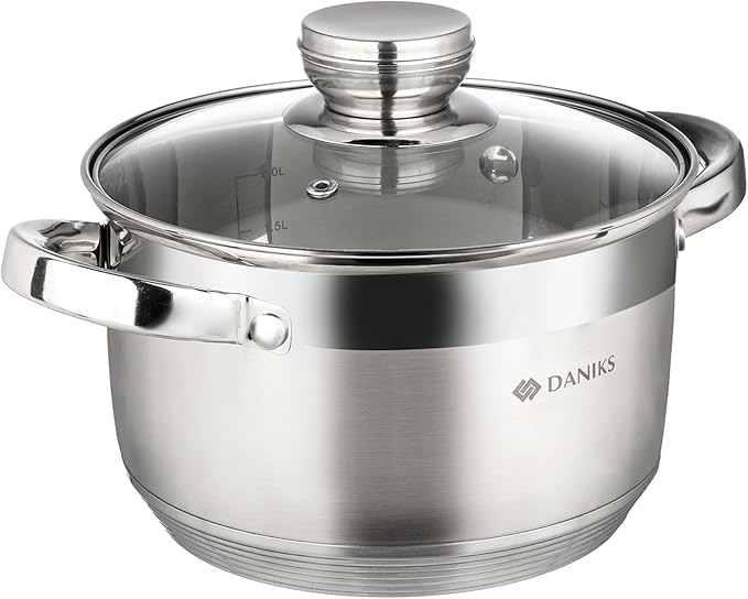 Daniks Standard 3 Quart Stainless Steel Stock Pot with Glass Lid, Try-Ply Bottom for Even Heating, Induction Compatible, Dishwasher Safe, Built-In Measuring Scale, Silver