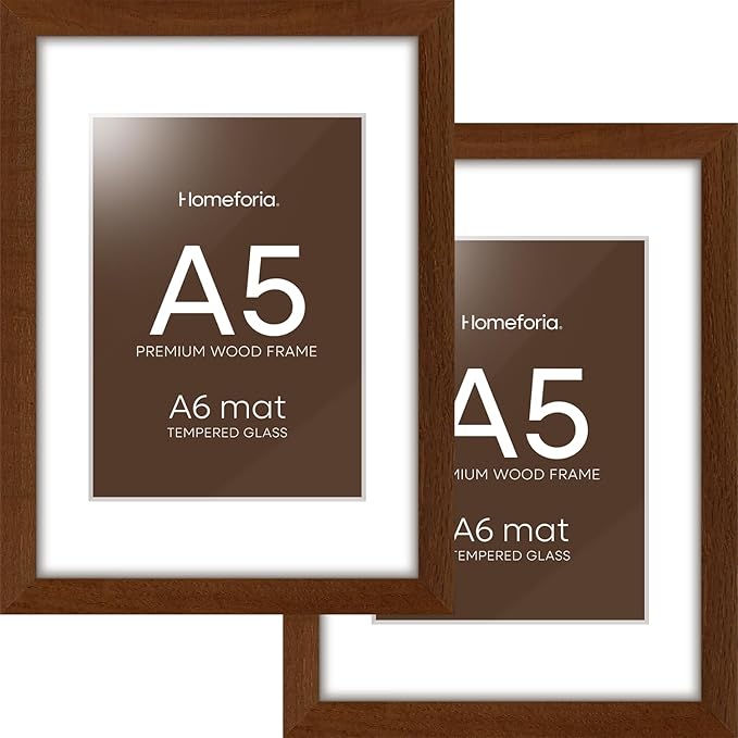 Homeforia A5 Picture Frame Brown, High-End Dark Oak 5.8x8.3 Wood Frame Matted to 4.1x5.8 inch Photo, A5 Size Walnut Wooden Frames with Mat A6 Print, 5.8 x 8.3 Frame, Tempered Glass, Wall Kit, Set of 2