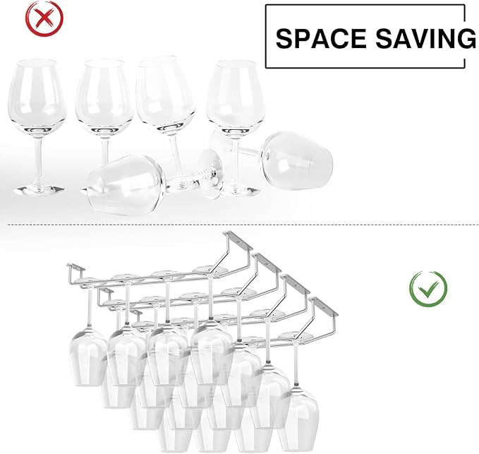 14-Inch Under Cabinet Wine Glass Holder - Metal Stemware Storage Hanger, Single Rail Hanging Rack for Kitchen Bar - Set of 2