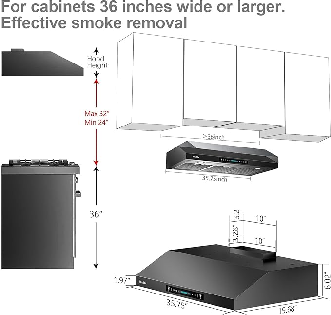 HisoHu 36 Inch Under Ducted Cabinet Range Hood with 1200 CFM, 4 Speed Gesture Sensing Kitchen Exhaust Hood & Touch Control Panel, Stainless Steel Stove Vent Hood with 2 LED Lights（Black）