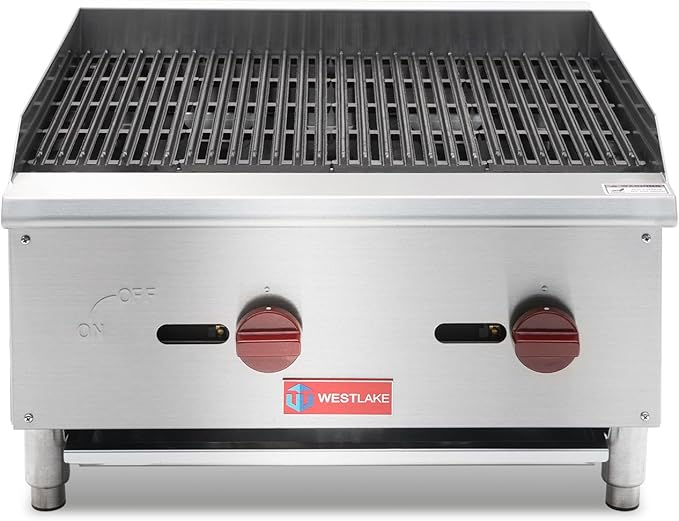 WESTLAKE 24"W Commercial Charbroiler Gas Countertop 2 Burner Natural Gas and Propane 60,000 BTU Char Broiler Stainless Steel BBQ Stove Grill for Restaurants