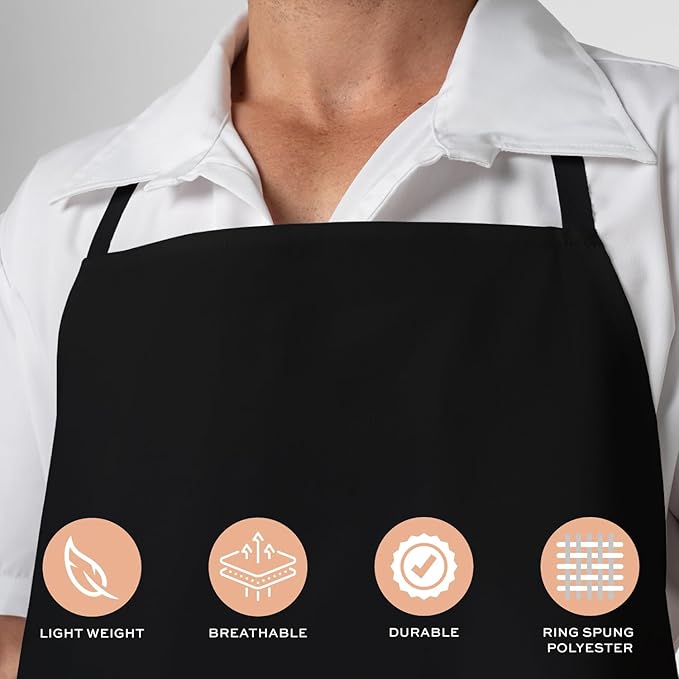 White Classic Black Aprons Bulk - Commercial Chef Bib Apron for Kitchen and Restaurant Cooking without Pockets, Unisex Women and Men, Adult - 12 Pack