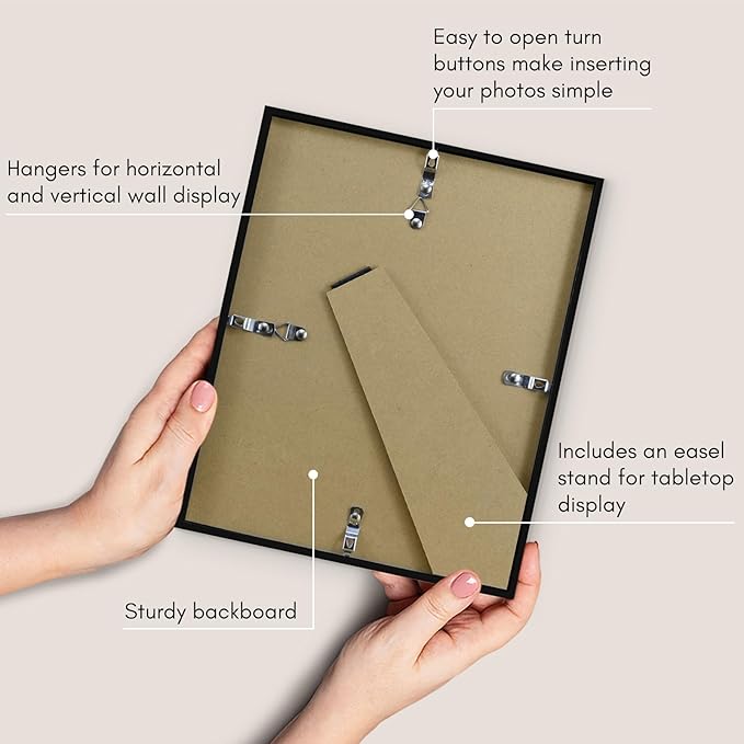 Americanflat 8x10 Picture Frame with Shatter-Resistant Glass - Streamline Collection - Thin Border Photo Frame for Tabletop and Wall Display - Hanging Hardware and Easel Stand Included - Black