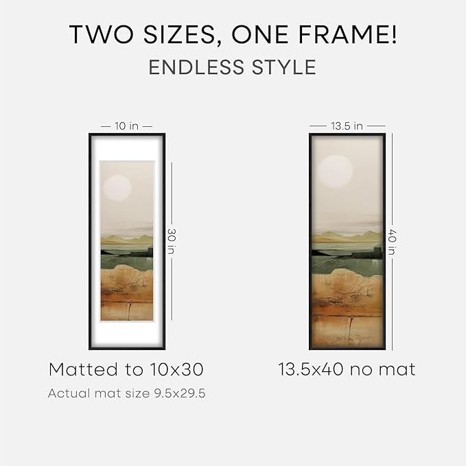 Homeforia 13.5x40 Black Wood Picture Frame, High End Oak 13.5x40 Panoramic Poster Frames with Mat 10x30 Art, 13.5 x 40 Wooden Frame Matted to 10 x 30, 40x13.5 Frame, Tempered Glass, Wall Kit, Set of 2