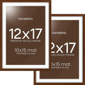 Homeforia 12x17 Picture Frame Brown, High End Dark Oak 12x17 Poster Wood Frame with Mat 10x15 for Photo, 12 x 17 Wooden Walnut Frame Matted to 10 x 15, 17x12 Frames, Tempered Glass, Wall Kit, Set of 2