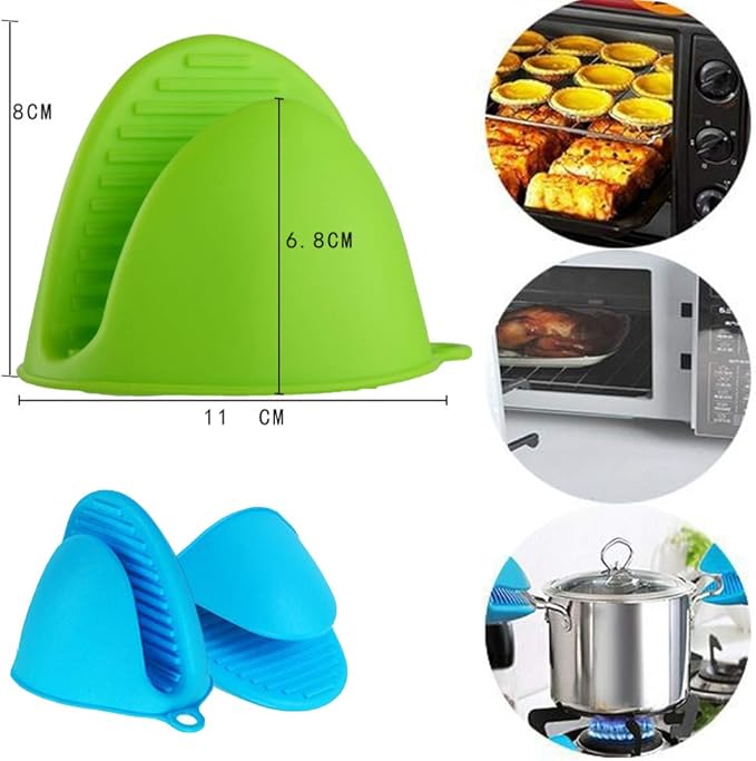 Silicone Cooking Pinch Grips Oven Mitts - Finger Protector Pot Holder for Kitchen,Cooking,Baking,BBQ - Heat Resistant Gloves, 2 Pairs (Blue and Green)