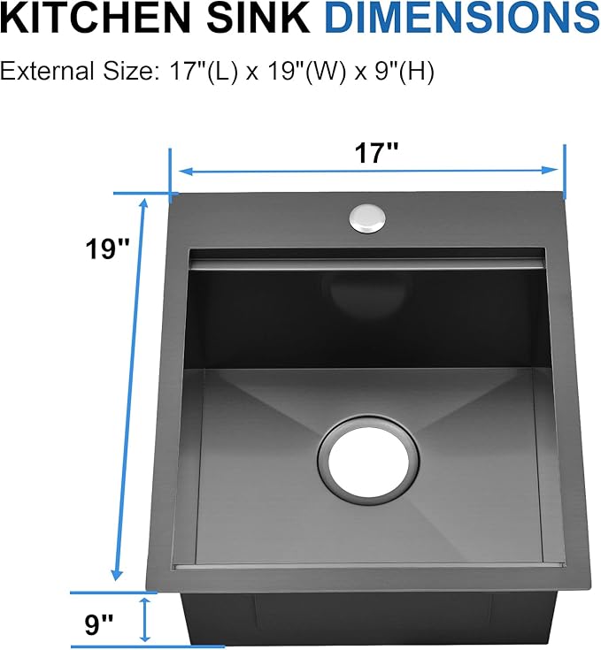 Scamall 17x19x9 Drop In Kitchen Sink Workstation, Nano Black 304 Stainless Steel Deep Single Bowl with Quick Drainage & Tarnish-Free Surface for Bar, Laundry, RV, Includes Accessories