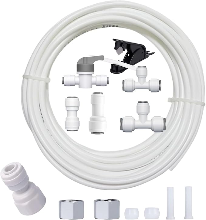 Refrigerator Water Line Kit Connection and 1/4 Compression Ice Maker Installation Kit，25FT 1/4In O.D.Water Line with Quick Fittings, for Adding a branch waterway on RO System（White)