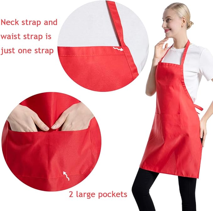 Red Plain Bib Aprons Bulk for Women Men Adult with 2 Front Pockets(Red,15 PCS)