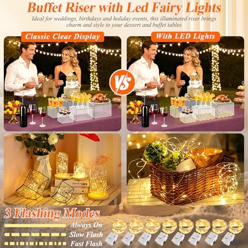 8 Pcs Clear Acrylic Buffet Risers with LED Fairy Lights, Acrylic Food Risers with Mini Sign and Maker, Clear Buffet Risers and Stands for Party Catering Dessert Collectibles(9" 8" 7" 6" 5" 5" 4" 4" ) - Image 3