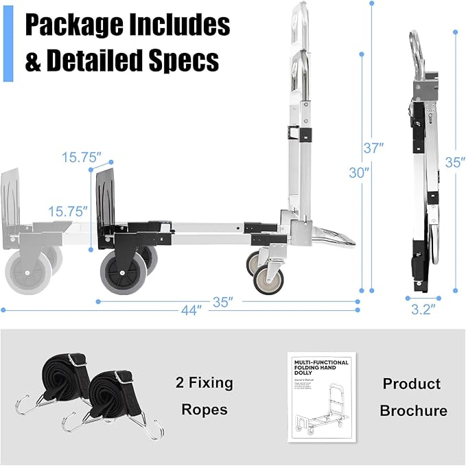 3 in 1 Folding Hand Truck Dolly Cart, Heavy-Duty Foldable and Convertible Design, Lightweight Portable Utility Cart with Rubber Wheels and Telescoping Handle for Moving, 500 lbs Capacity (Black)