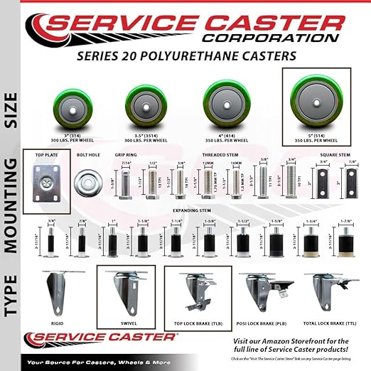 Service Caster Brand Replacement Caster for Uline Caster H-5540SWB - Swivel Top Plate Caster with 5 Inch Green Polyurethane Wheel and Top Lock Brake - Fits Carts, Dollies and Poly Box Trucks H-3840