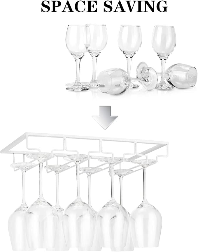Wine Glass Rack Under Cabinet - Stemware Holder Metal Wine Glass Organizer Glasses Storage Hanger for Bar Kitchen Brown 4 Rows White