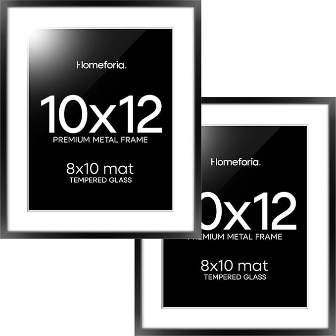 Homeforia Black 10x12 Picture Frame, High End Metal 10x12 Poster Frames with Mat 8x10, 10 x 12 Black Frame Matted to 8 x 10 inch Photo, 10 by 12 Thin Hanging Frames, Tempered Glass, Wall Kit, Set of 2