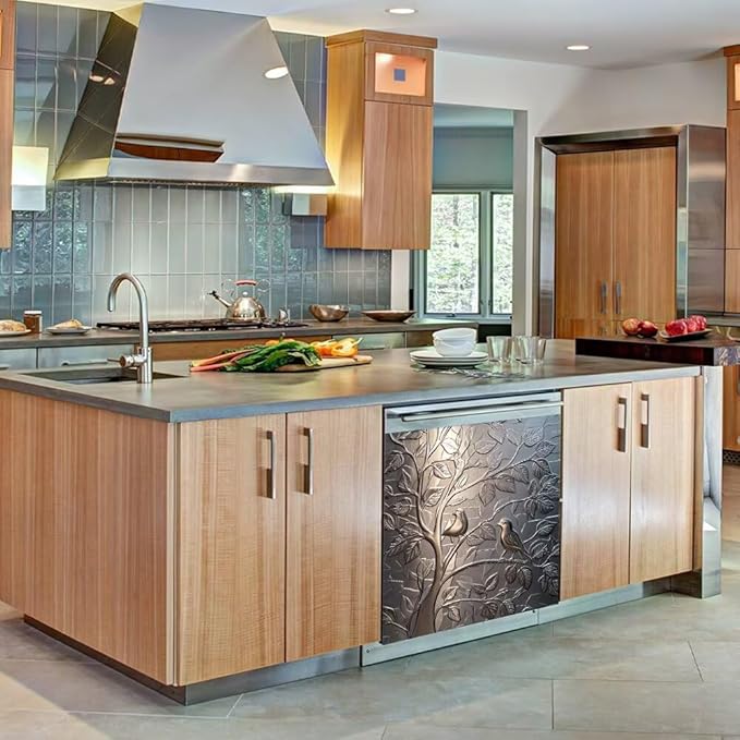 Stainless Steel Bird Dishwasher Magnet Cover - Kitchen Decorative Silver Dishwasher Cover Fridge Panel Decal, Magnetic Refrigerator Sticker Front Door Decals, Magnetic 23"X17"