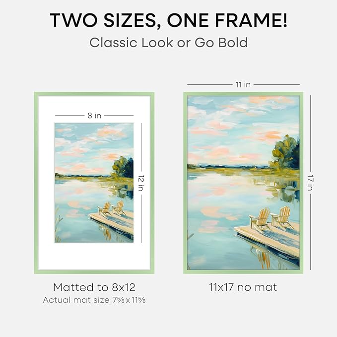 Homeforia 11x17 Picture Frame Sage Green, High End Metal 11x17 Poster Frames with Mat 8x12 Photo, 11 x 17 Sage Green Frame Matted to 8 by 12 Art, 17x11 Thin Frames, Tempered Glass, Wall Kit, Set of 2