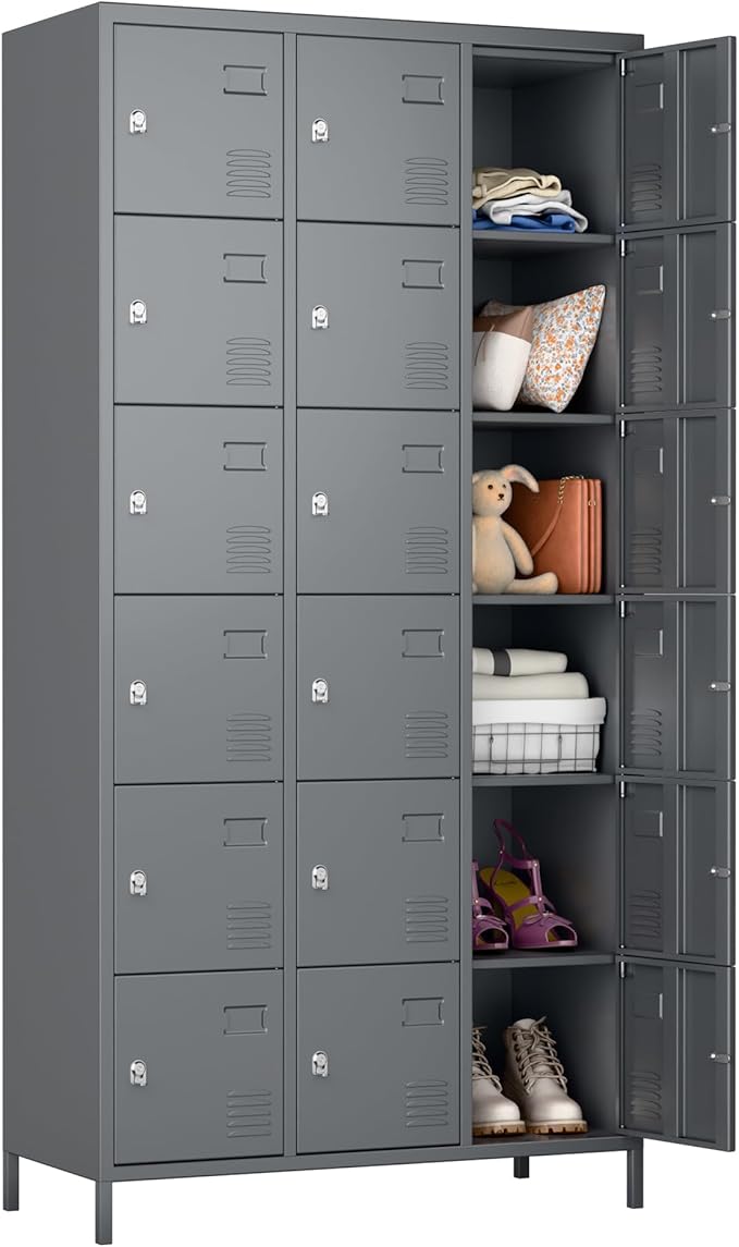 METAN Metal Locker for School Office Gym Bedroom, 18 Doors Steel Storage Locker Cabinet for Employees, Industrial Storage Locker, Assembly Required,Dark Gray