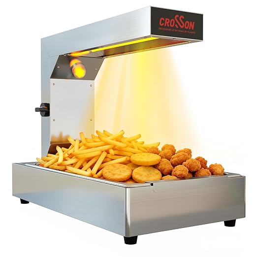 CROSSON French Fry Food Warmer, Commercial French Fry Heat Lamp Electric Stainless Steel Fries Dump Station Countertop 5-Level Adjustable Heating Duration for Food Truck Restaurant Parties 600W