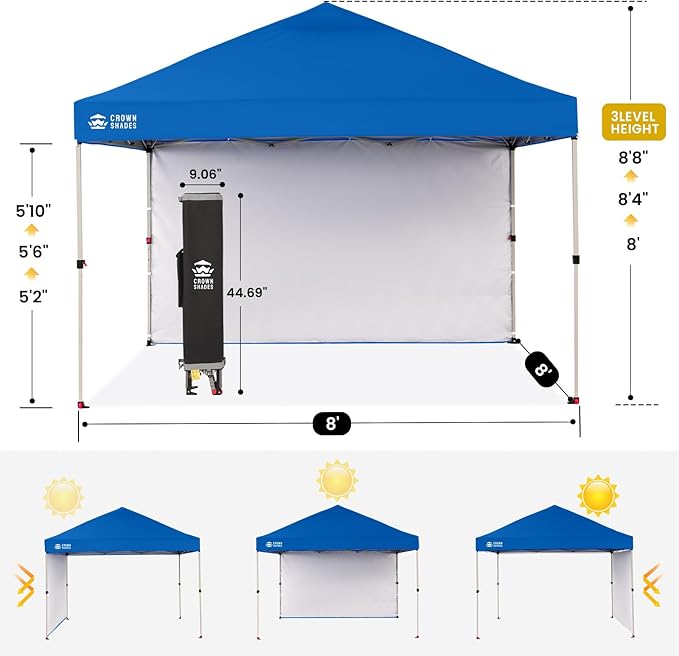 CROWN SHADES 8x8 Pop Up Canopy with 1 Side Wall - Beach Tent with One Push Setup - Outdoor Sun Shade for Events, Parties, Camping - Gazebo with STO-N-Go Cover Bag (Blue)