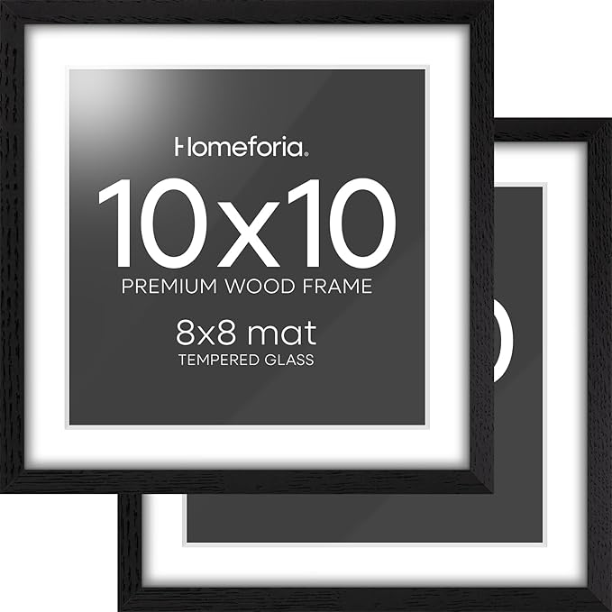 Homeforia 10x10 Picture Frame Black Wood, High-End Oak 10 x 10 Square Frames with Mat 8 by 8 Photo, 10by10 Wooden Frame Matted to 8x8 Print, Wall or Tabletop Frames, Tempered Glass, Wall Kit, Set of 2