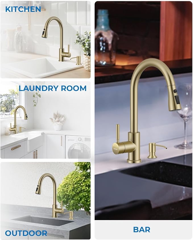 WEWE Kitchen Faucet with Pull Down Sprayer and Soap Dispenser, Stainless Steel Kitchen Sink Faucets, 3-Mode High Arc Single Handle Faucet for RV Farmhouse, Gold