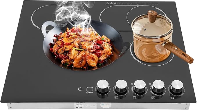 4 Burner Electric Cooktop, 3400W 110V Electric Stove Countertop, 5 Heating Level, Child Lock, Timer, Knob Control, Ceramic Built-in Stove Top, Hard Wire, No Plug