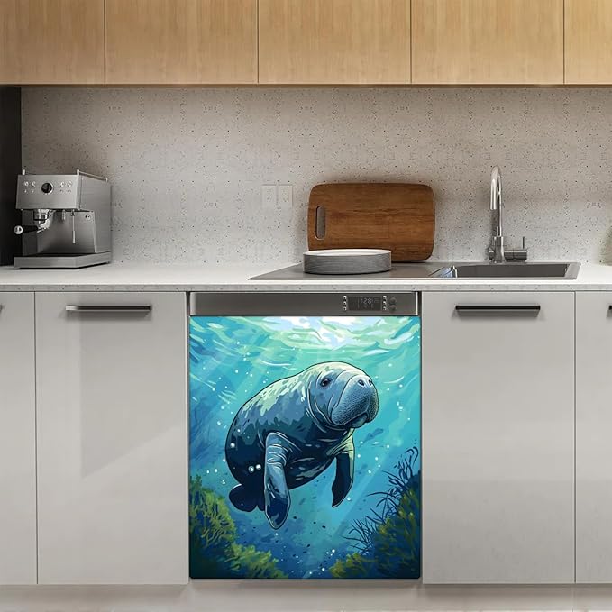Dishwasher Magnet Cover for The Front Ocean Manatee Dishwasher Door Cover Panel Decals Magnetic Refrigerator Cover for Kitchen Farmhouse Home Decor A-077