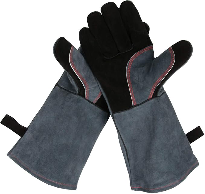 OZERO 932℉ Grill BBQ Gloves 16-inch Heat Resistant Leather Forge Welding Glove with Flame Retardant Long Sleeve and Insulated Lining for Men and Women Black-gray