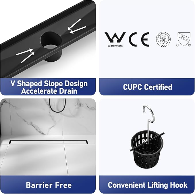 Linear Shower Drain 24", Matte Black Floor Drain with Tiled Insert Grate & Hair Strainer, 304 Stainless Steel Bathroom 2-in-1 Tiled in Drain, CUPC Certified (Matte Black, 24'')
